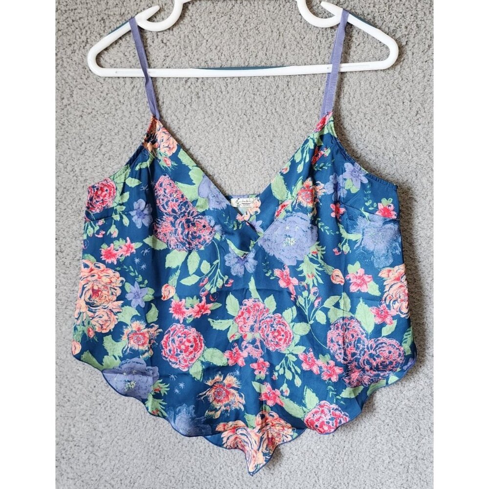 Intimately Free People Women's Flirty Combo Cami Tank Top Blue Floral Satin Sz M